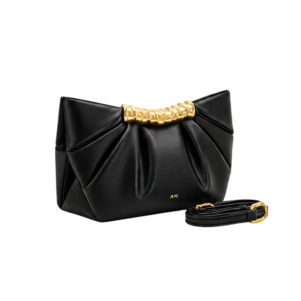 Black Pleated Gold Accent Clutch Bag
