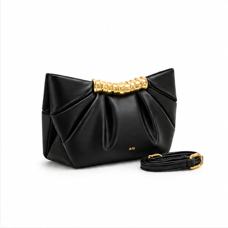 Black Pleated Gold Accent Clutch Bag-1