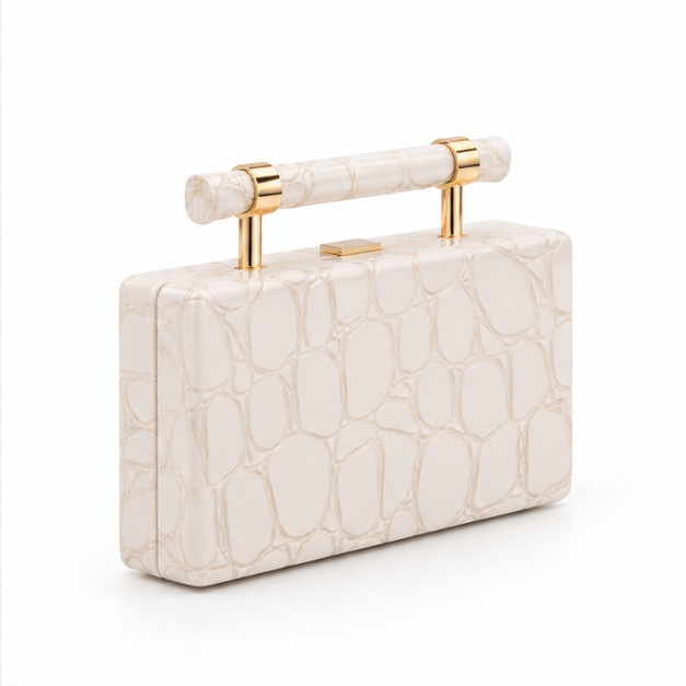 Ivory Croc Embossed Structured Clutch Bag-1