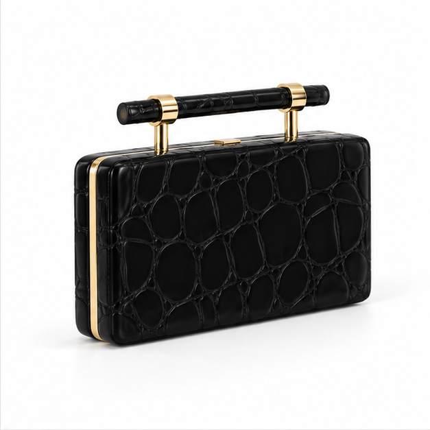Black Crocodile Texture Structured Clutch Bag-1