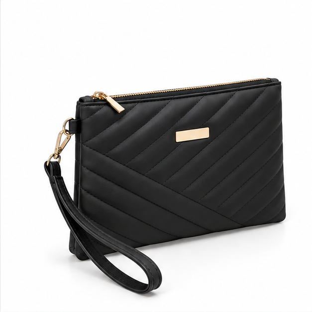 Black Quilted Wristlet Clutch Bag Purse-1