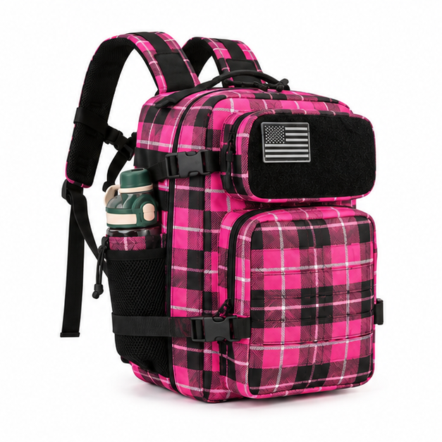 Pink Plaid Tactical Backpack with Pockets-1