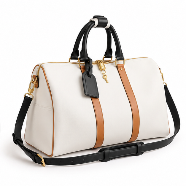 White Contrast Trim Travel Duffle Bag-1