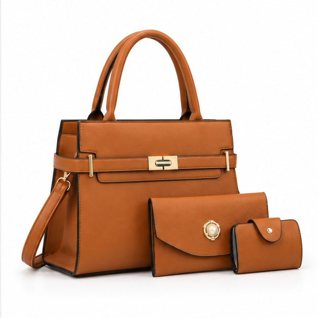 Tan Leather Handbag Three-Piece Set-1