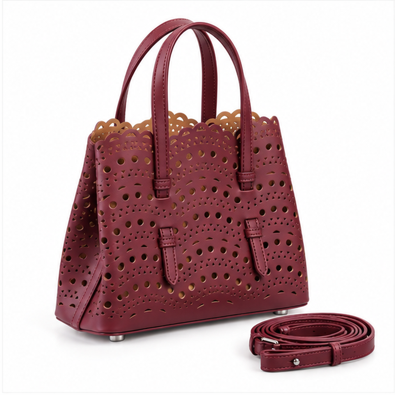 Burgundy Laser Cut Structured Tote Handbag-1