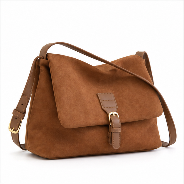 Coffee Suede Buckle Crossbody Shoulder Bag-3