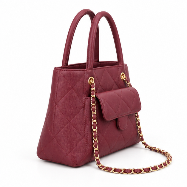 Burgundy Quilted Chain Handle Tote Bag-1
