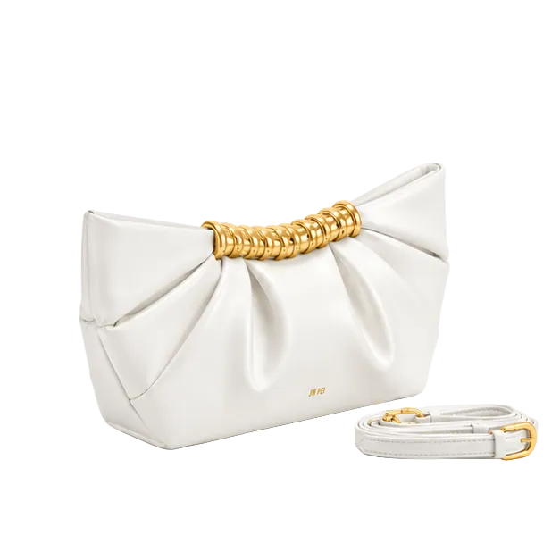 White Pleated Gold Accent Clutch Bag