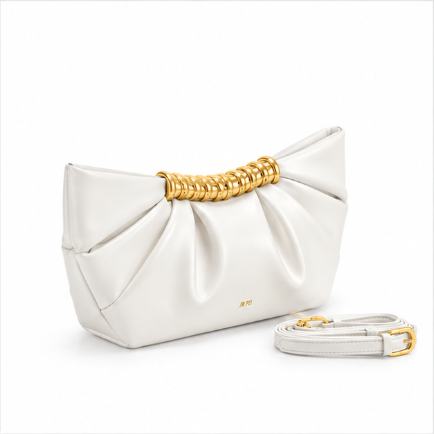 White Pleated Gold Accent Clutch Bag-1