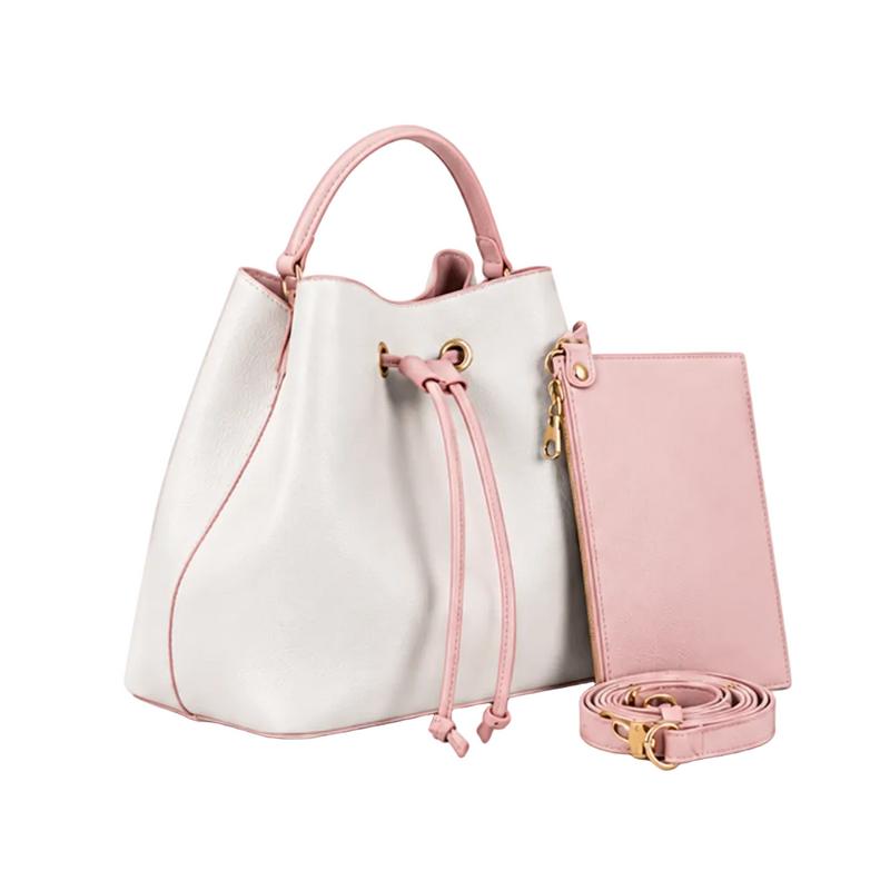 White Pink Drawstring Bucket Handbag Set-1