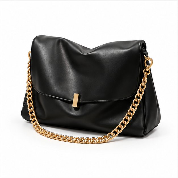 Elegant Black Slouchy Gold Chain Handbag-3