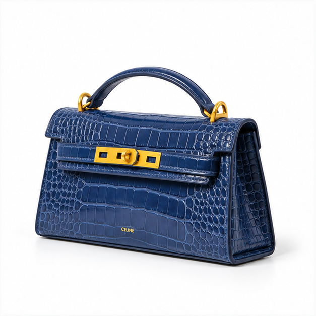 Navy Croc Embossed Structured Handle Handbag-3