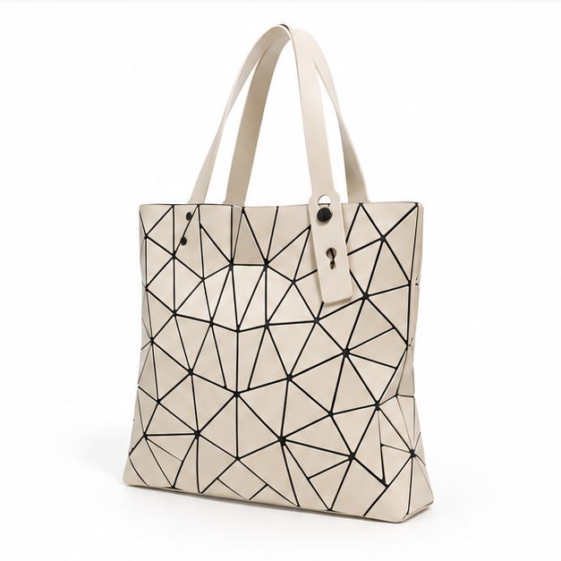 Khaki Geometric Mosaic Pattern Shoulder Tote-3