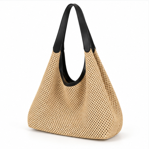 Black Woven Hobo Shoulder Tote Bag-3