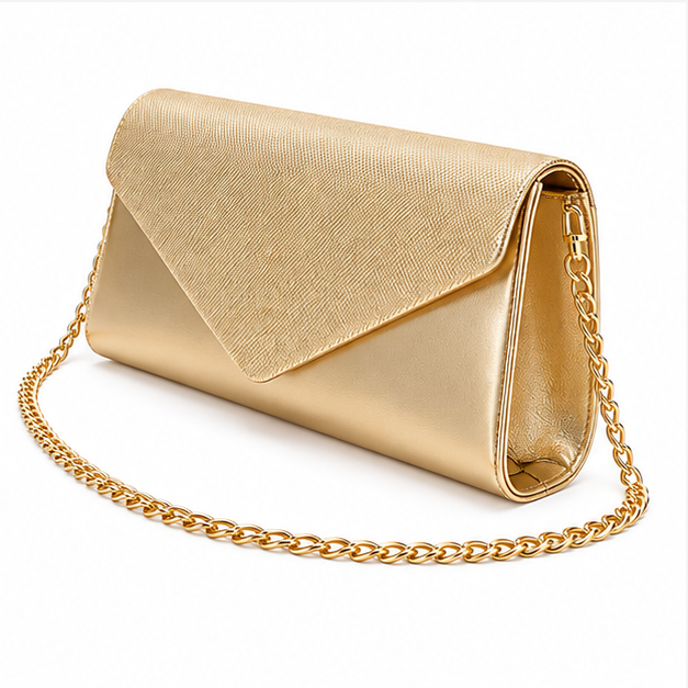Gold Envelope Clutch With Chain Strap-3