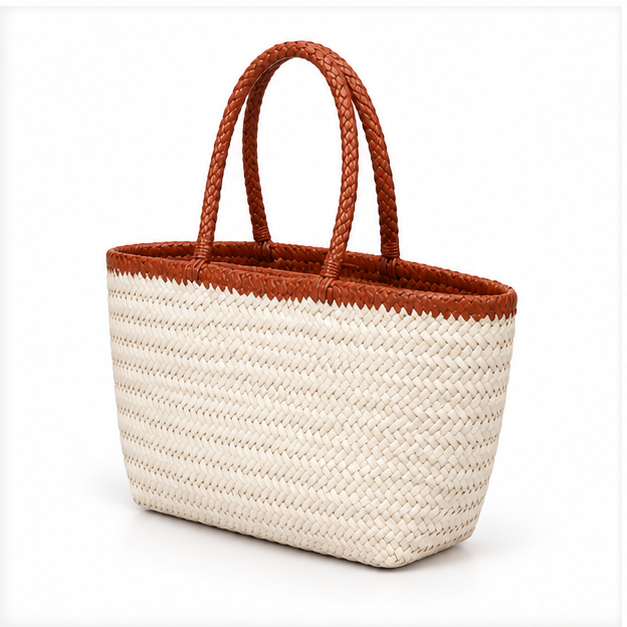 Ivory Woven Tote With Brown Handles-3