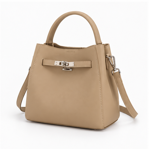 Elegant Taupe Structured Leather Shoulder Handbag-3