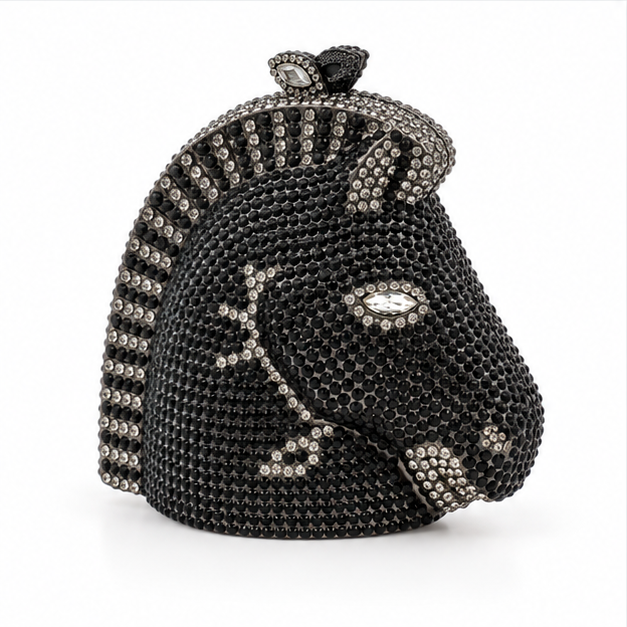 Black Crystal Horse Head Evening Clutch-3