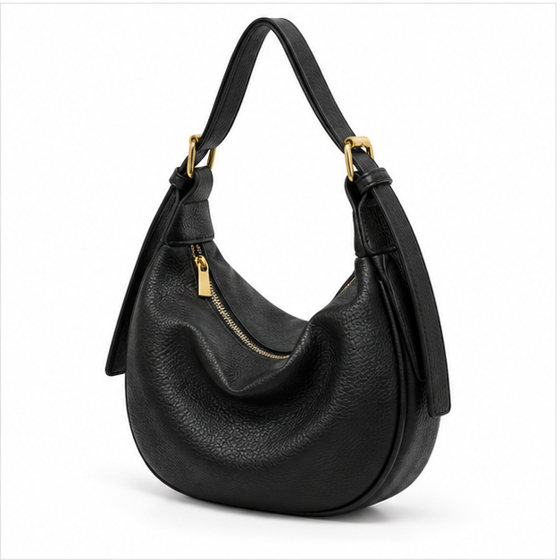 Black Pebbled Leather Crescent Shoulder Bag-3