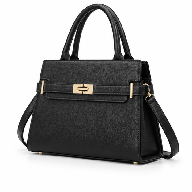 Black Structured Gold Lock Handbag Tote-3