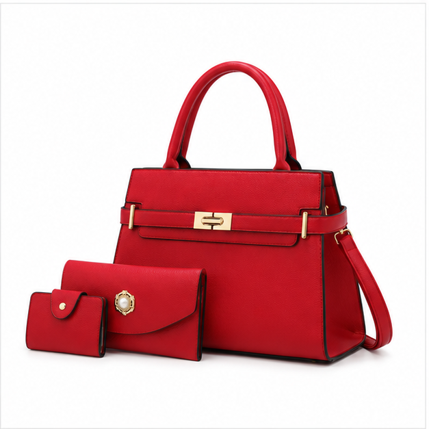 Red Structured Handbag With Matching Accessories-3