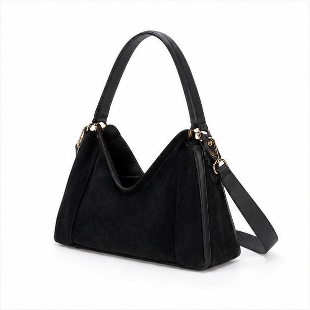 Black Suede Shoulder Bag With Strap-3
