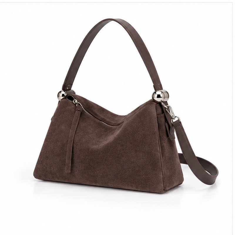 Chocolate Brown Suede Shoulder Handbag-3