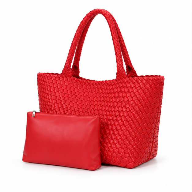 Red Woven Tote Bag With Pouch-3
