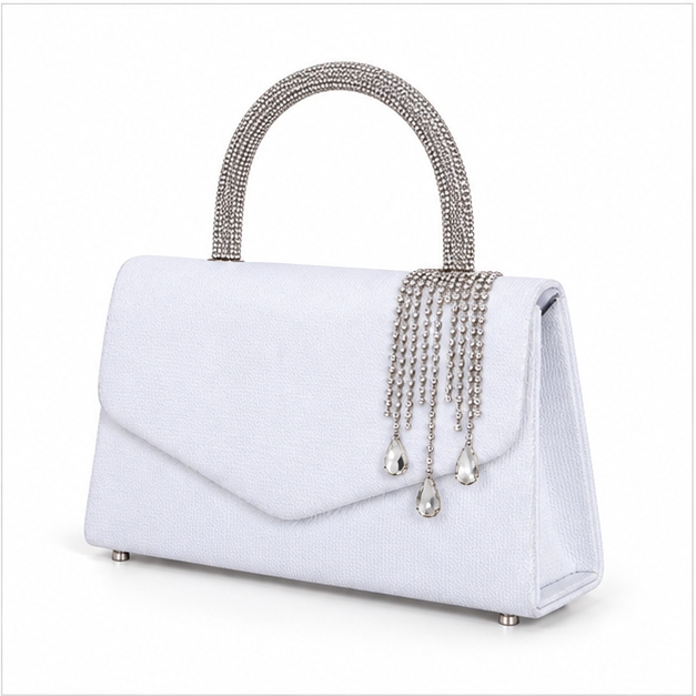 White Crystal Tassel Evening Clutch Handbag-3