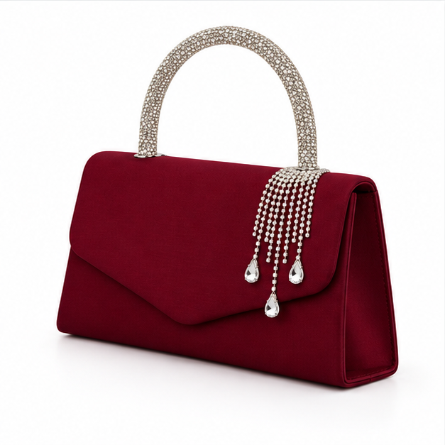 Burgundy Crystal Handle Evening Clutch Handbag-3