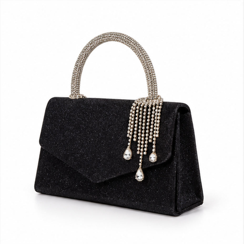 Black Crystal Handle Glitter Evening Handbag-3