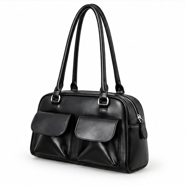 Black Double Pocket Structured Shoulder Handbag-3