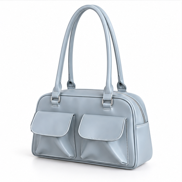 Powder Blue Double Pocket Shoulder Handbag-3