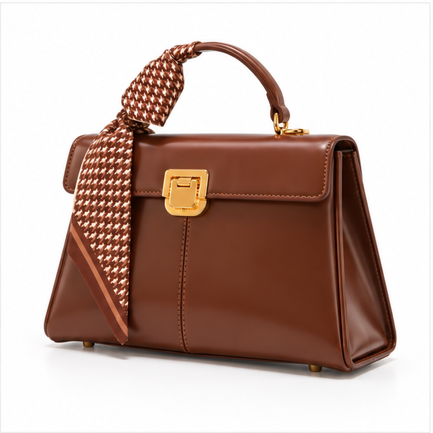 Elegant Brown Scarf Accent Structured Handbag-4