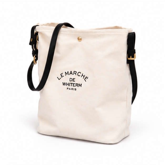 Ivory Canvas Shoulder Tote With black Strap-3