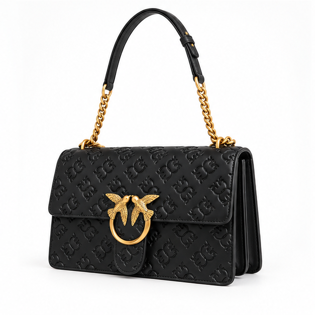 Black Embossed Gold Clasp Shoulder Bag-3