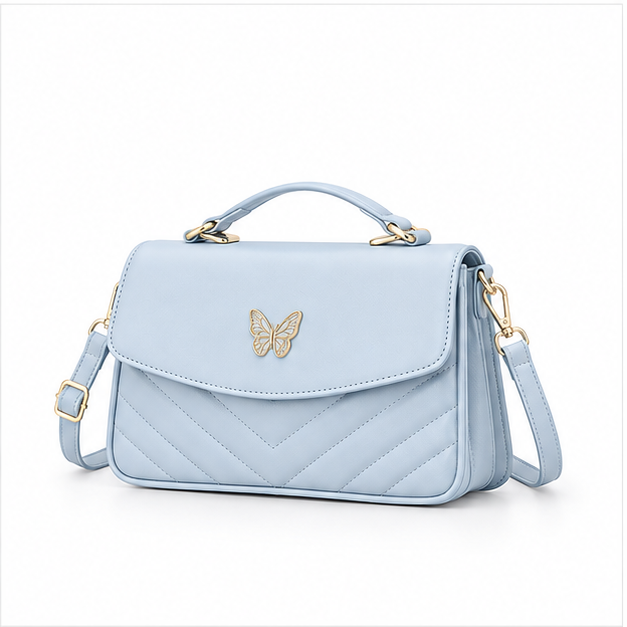 Light Ice Blue Butterfly Quilted Handbag-3