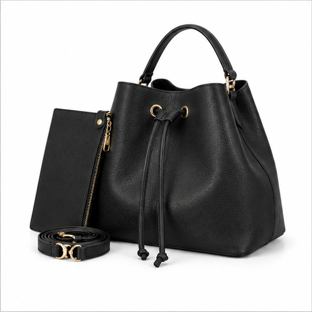 Black Drawstring Bucket Handbag With Pouch-3