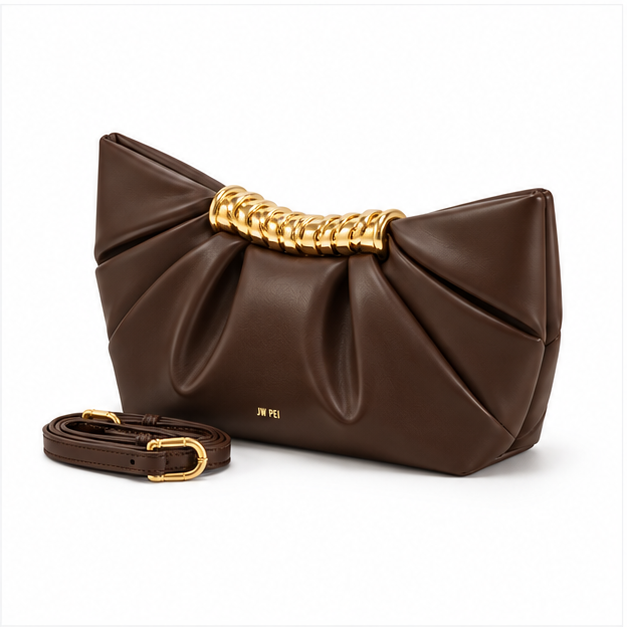Chocolate Pleated Gold Handle Shoulder Bag-3