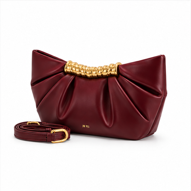 Burgundy Pleated Gold Handle Evening Bag-3