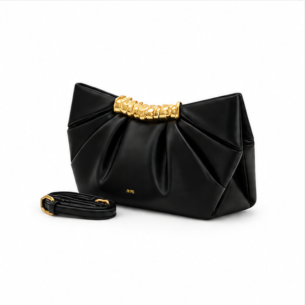 Black Pleated Gold Accent Clutch Bag-3