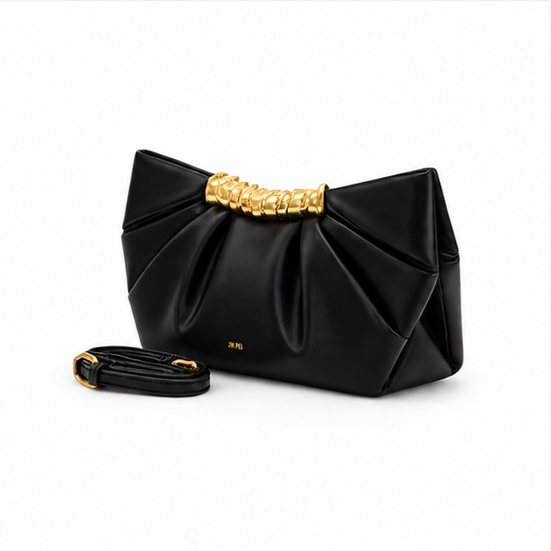Black Pleated Gold Accent Clutch Bag-3