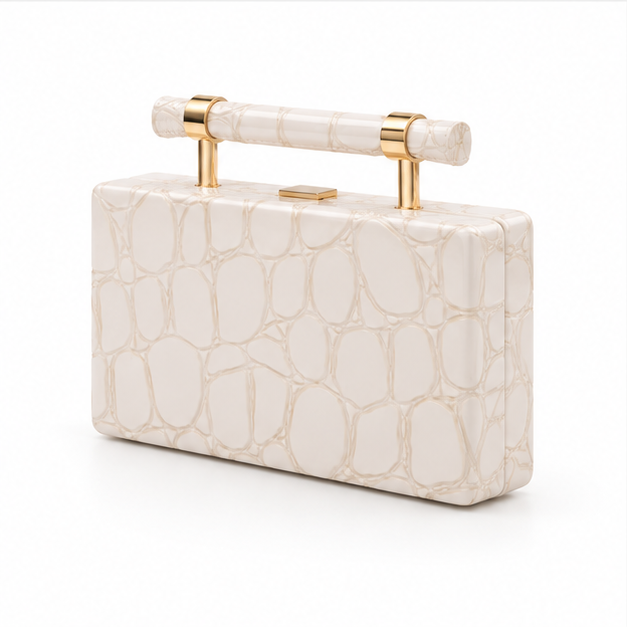 Ivory Croc Embossed Structured Clutch Bag-3