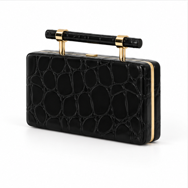 Black Crocodile Texture Structured Clutch Bag-3