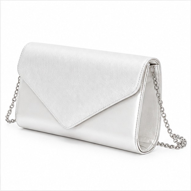 White Silver Chain Envelope Clutch Bag-4