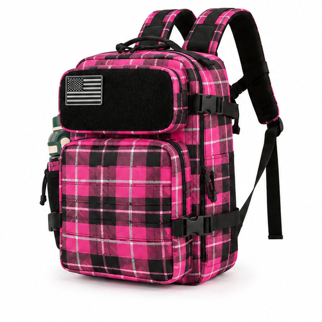 Pink Plaid Tactical Backpack with Pockets-3