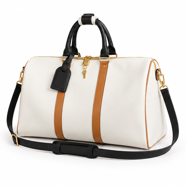 White Contrast Trim Travel Duffle Bag-3