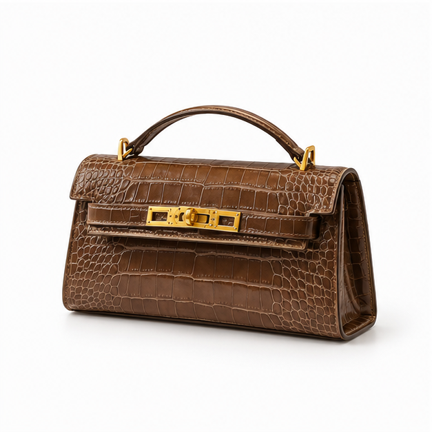 Crocodile Embossed Structured Brown Top Handle-3