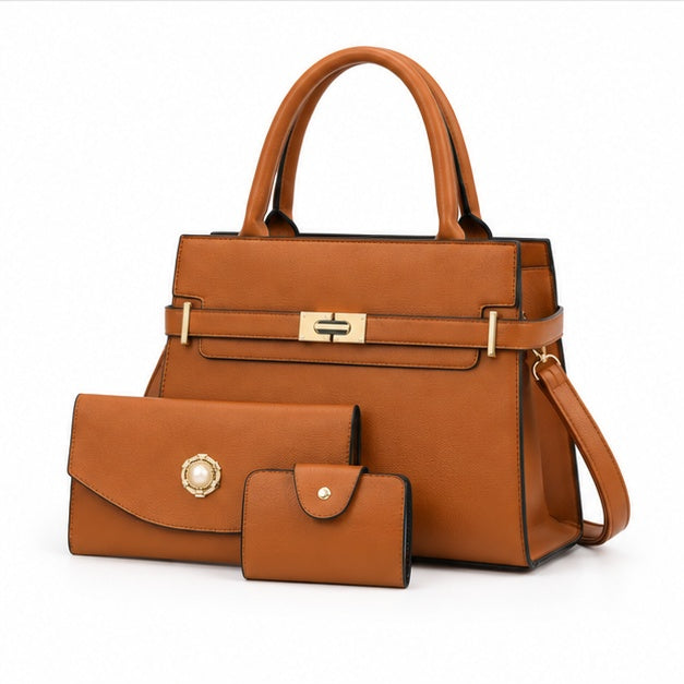 Tan Leather Handbag Three-Piece Set-3