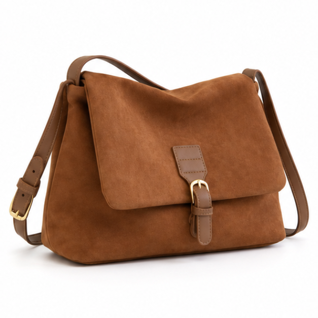 Coffee Suede Buckle Crossbody Shoulder Bag
